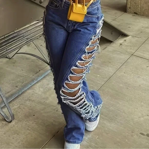 Jeans Womens Ripped Denim Jeans With Side Laddering And Slash